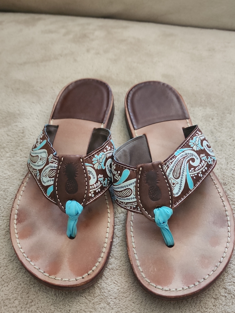 Leather Brown & Teal Paisley Thong Sandals - Women - Picture 2 of 5
